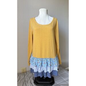 Matilda Jane Mustard Long Sleeve Top boho Floral Ruffled Hem Womens size large